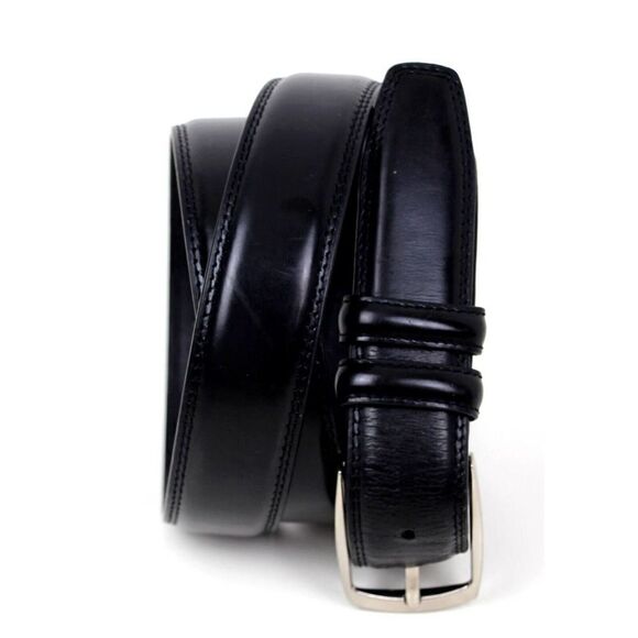 HandCrafted BLACK GENUINE LEATHER 1 3/8"Wd STITCHED DRESS MEN'S BELT Sz 44 (E79 - Picture 1 of 13